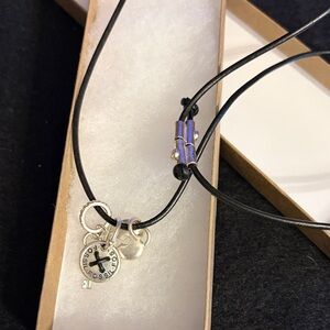 Fossil Black Leather Necklace with Silver Charms